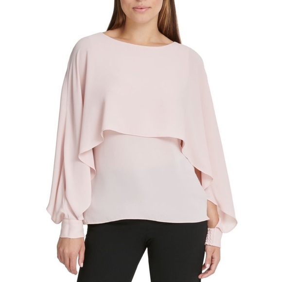 NWT DKNY Pink Ruffled Long Sleeve Jewel Neck Top S - Picture 1 of 15